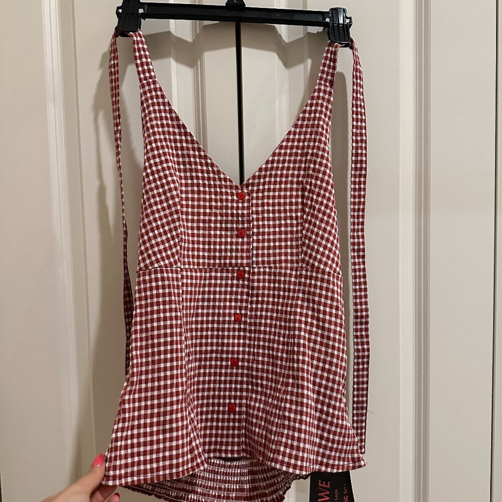 ROMWE Red & White Gingham Smocked Halter Top & New With Tags & Small Size NEW